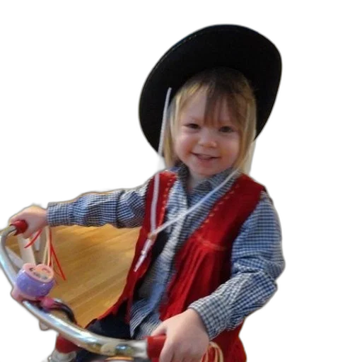 hat, jacket, staff, photorealistic, child, dressed, cowboy, sits transparent PNG cut-out