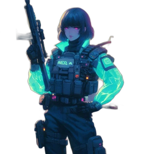 weapon, staff, jacket, robot, cyberpunk, concept art, pixel art, fantasy art transparent PNG cut-out