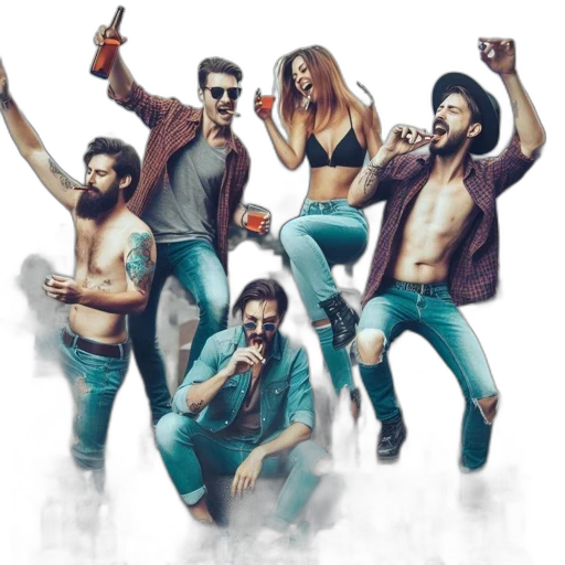 concept art, watercolor, comic book art, fantasy art, fire, five, people, gather transparent PNG cut-out