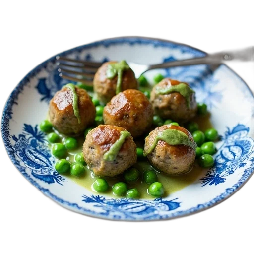 food, plate, meatballs, green, sauce, peas, dining, table transparent PNG cut-out