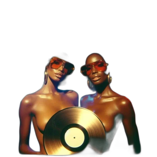 concept art, vaporwave, 3d render, two, women, big, afros, wear transparent PNG cut-out