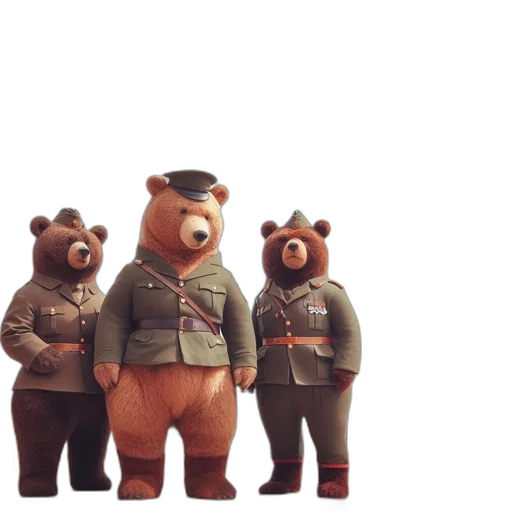 concept art, 3d render, three, anthropomorphic, bears, dressed, military, attire transparent PNG cut-out