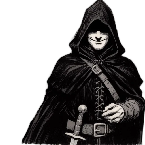 staff, mask, sword, jacket, concept art, comic book art, fantasy art, pixel art transparent PNG cut-out