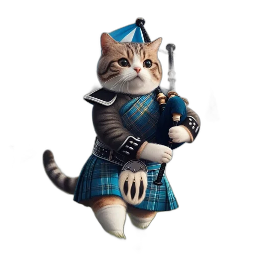 staff, animal, concept art, whimsical, cat, scottish, attire, stands transparent PNG cut-out