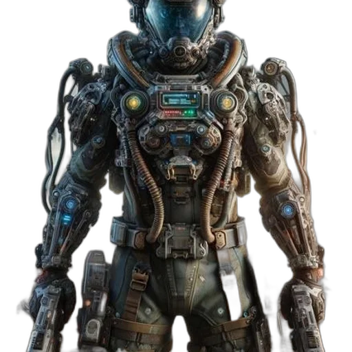 robot, weapon, concept art, 3d render, cyberpunk, pixel art, blue, green transparent PNG cut-out