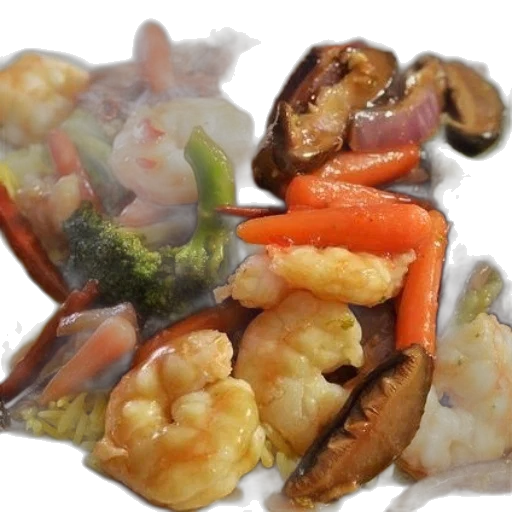 food, photorealistic, 3d render, plate, shrimp, stir-fry, vegetables, rice transparent PNG cut-out