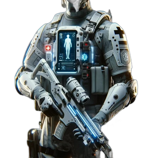 robot, weapon, staff, concept art, cyberpunk, 3d render, comic book art, nighttime transparent PNG cut-out