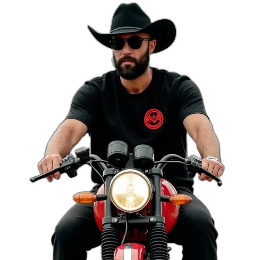 jacket, hat, concept art, man, beard, black, riding, motorcycle transparent PNG cut-out