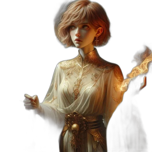 dress, staff, fantasy art, concept art, photorealistic, watercolor, fire, golden transparent PNG cut-out