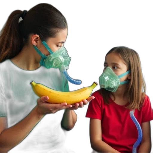 mask, woman, green, shirt, holding, yellow, banana, front transparent PNG cut-out