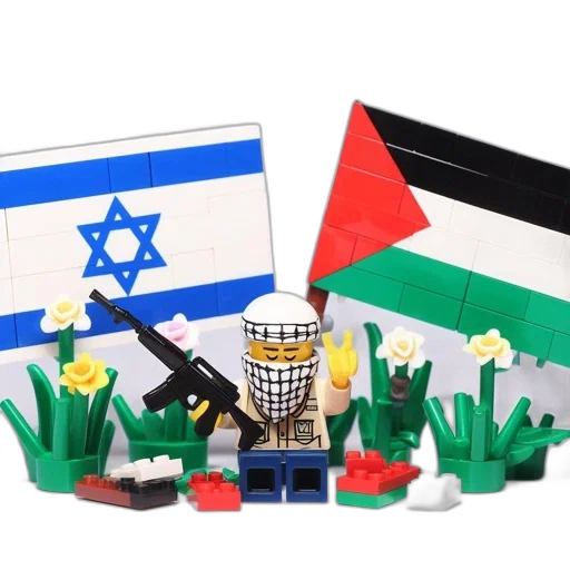 two, lego, flags, israel, palestine, stand, side, figure transparent PNG cut-out