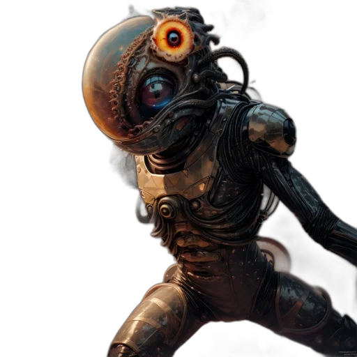 robot, creature, staff, mask, concept art, 3d render, photorealistic, comic book art transparent PNG cut-out