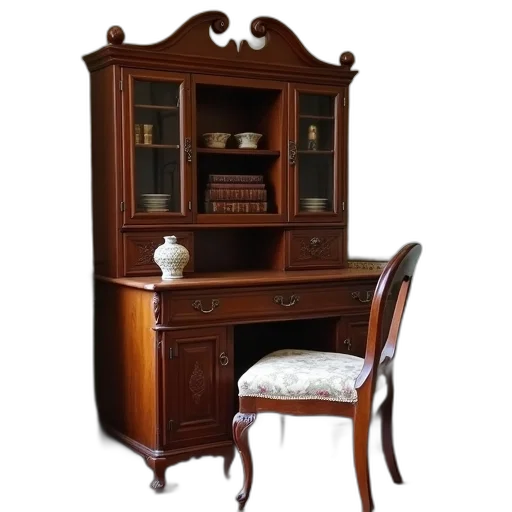 furniture, photorealistic, 3d render, vintage, wooden, desk, hutch, top transparent PNG cut-out