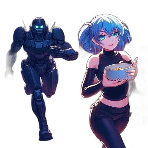 robot, concept art, cyberpunk, anime, pixel art, outer space, neon lights, blue transparent PNG cut-out