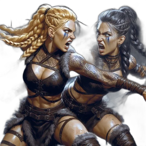 fantasy art, concept art, comic book art, photorealistic, fire, two, fierce-looking, women transparent PNG cut-out