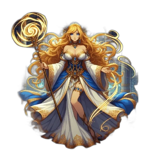 dress, jewelry, staff, fantasy art, concept art, anime, pixel art, golden transparent PNG cut-out