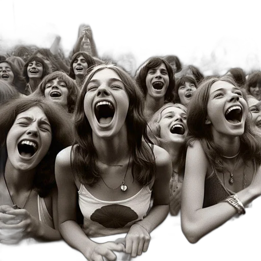young, jubilant, crowd, open, mouths, concert, lit, dramatically transparent PNG cut-out