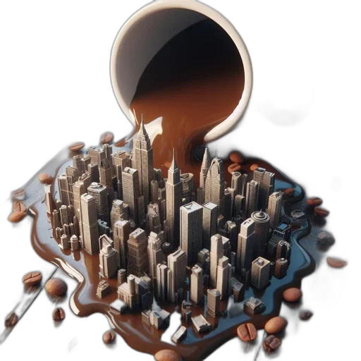 3d render, concept art, coffee, spill, creates, elaborate, miniature, cityscape transparent PNG cut-out