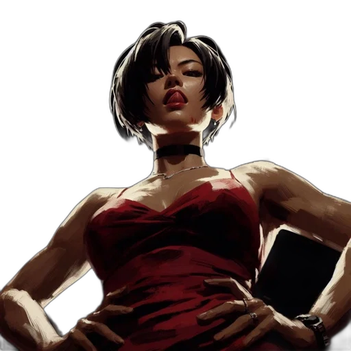 comic book art, concept art, photorealistic, cyberpunk, red, confident, woman, short transparent PNG cut-out