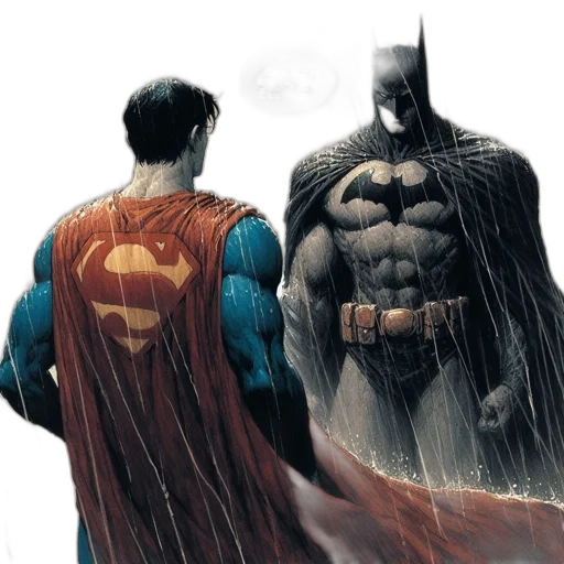 comic book art, concept art, superman, batman, stand, together, rain, depicted transparent PNG cut-out
