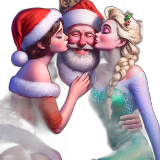 fantasy art, concept art, snow, santa, claus, receives, playful, kisses transparent PNG cut-out