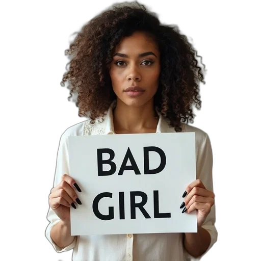jacket, dress, woman, curly, hair, holding, sign, reads transparent PNG cut-out