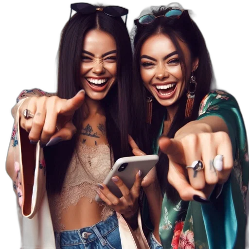 jewelry, two, women, smile, point, camera, opposite, sides transparent PNG cut-out