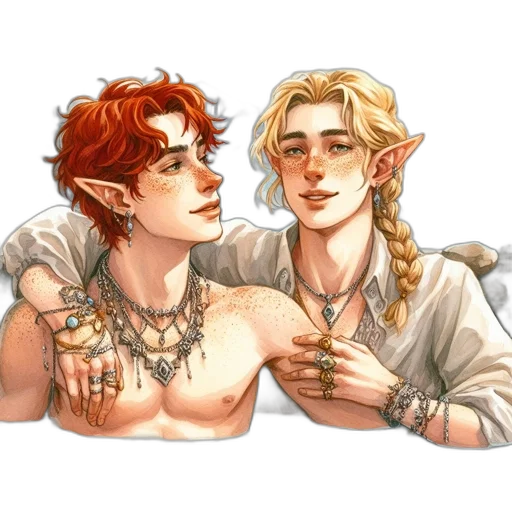 fantasy art, watercolor, concept art, pixel art, two, elven, characters, interact transparent PNG cut-out