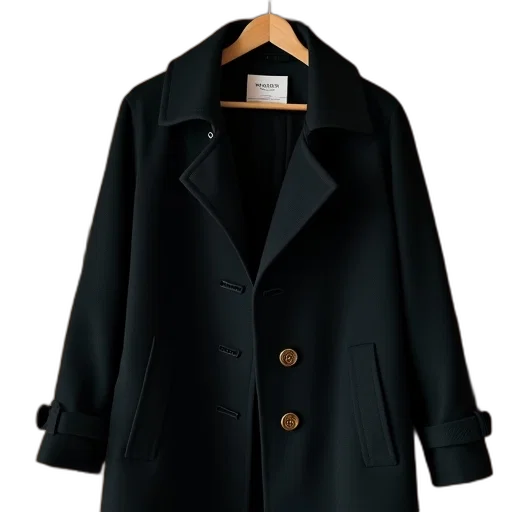 jacket, dark, black, coat, hanging, wooden, hanger, against transparent PNG cut-out