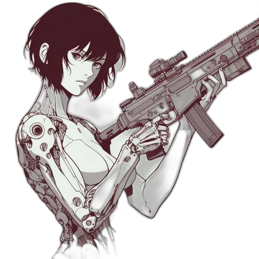 weapon, cyberpunk, comic book art, concept art, anime, animated, female, character transparent PNG cut-out