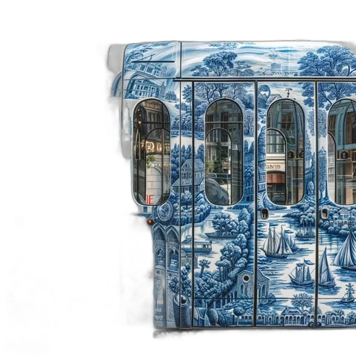furniture, unique, tram, intricate, blue, white, patterns, depicting transparent PNG cut-out