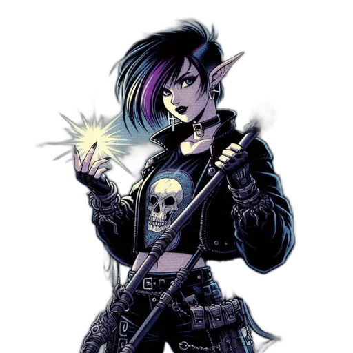 weapon, jacket, staff, concept art, comic book art, fantasy art, cyberpunk, dark transparent PNG cut-out