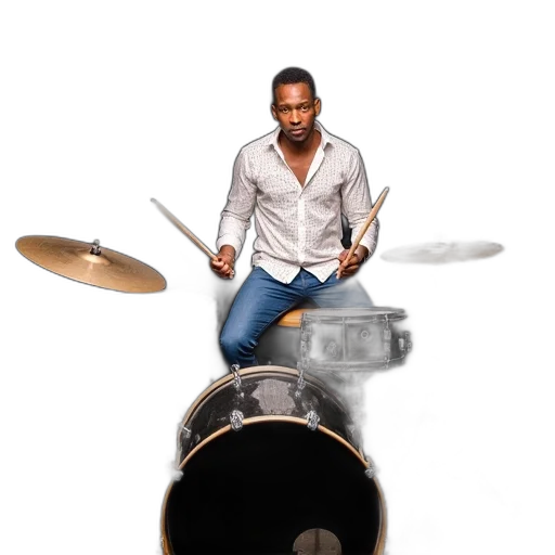 photorealistic, concept art, man, seated, stool, playing, drum, set transparent PNG cut-out