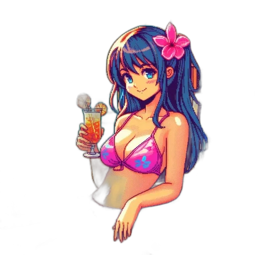 bottle, dress, pixel art, vaporwave, anime, cartoon, beach, neon transparent PNG cut-out