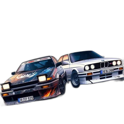 car, photorealistic, concept art, pixel art, 3d render, two, cars, one transparent PNG cut-out