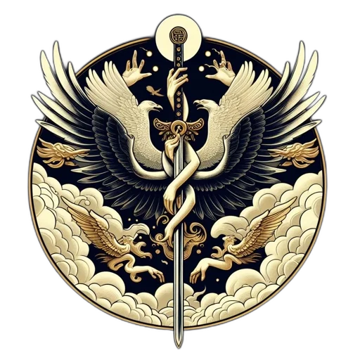 dragon, staff, crown, sword, fantasy art, concept art, golden, emblem transparent PNG cut-out
