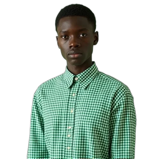 jacket, face, staff, 3d render, photorealistic, green, shirt, gingham transparent PNG cut-out