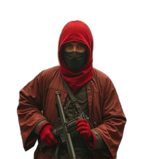weapon, jacket, mask, staff, concept art, 3d render, pixel art, photorealistic transparent PNG cut-out