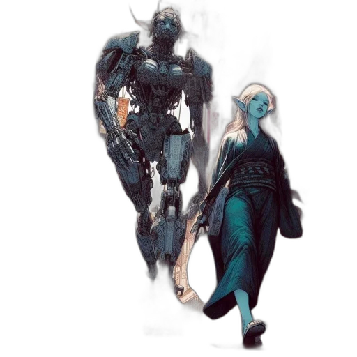 robot, creature, concept art, fantasy art, comic book art, watercolor, outer space, blue transparent PNG cut-out
