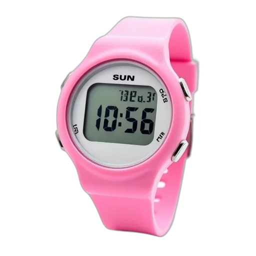 pink, digital, wristwatch, white, face, black, numbers, displayed transparent PNG cut-out