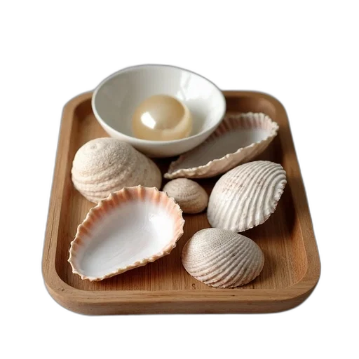 food, monochrome, wooden, tray, variety, seashells, small, bowl transparent PNG cut-out