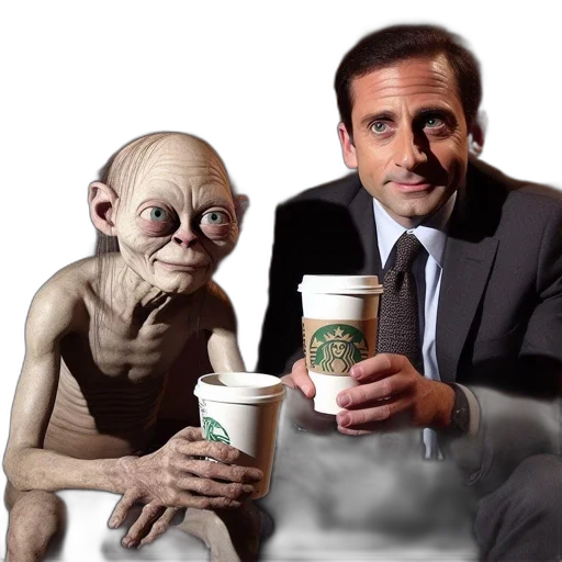man, suit, sits, next, life-sized, figure, gollum, both transparent PNG cut-out