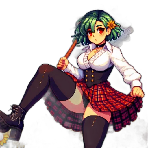 dress, staff, pixel art, anime, concept art, fantasy art, green, monochrome transparent PNG cut-out