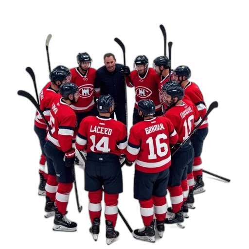 staff, group, hockey, players, red, white, jerseys, huddled transparent PNG cut-out