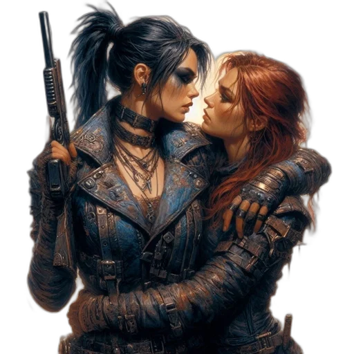 concept art, fantasy art, comic book art, photorealistic, fire, dark, two, women transparent PNG cut-out