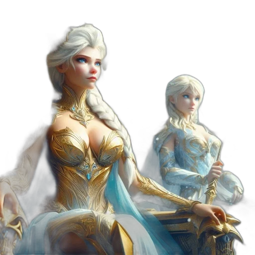 fantasy art, concept art, comic book art, 3d render, golden, blue, pastel, two transparent PNG cut-out