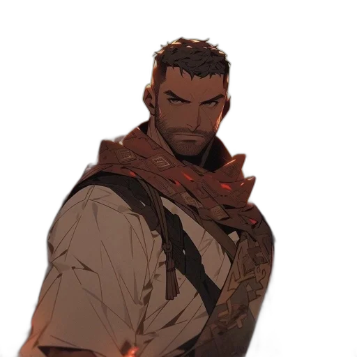 staff, weapon, jacket, face, concept art, fantasy art, anime, cartoon transparent PNG cut-out