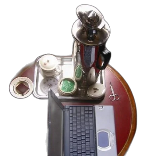 robot, staff, jewelry, weapon, 3d render, laptop, sits, red transparent PNG cut-out