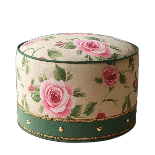 hat, crown, furniture, jewelry, round, cushioned, stool, floral transparent PNG cut-out