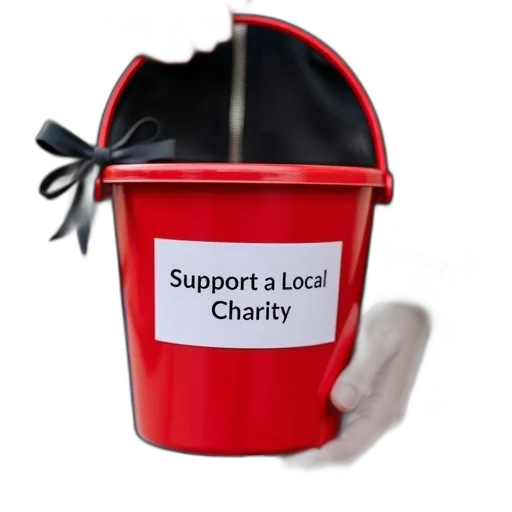 person, holding, red, charity, bucket, white, label, reads transparent PNG cut-out